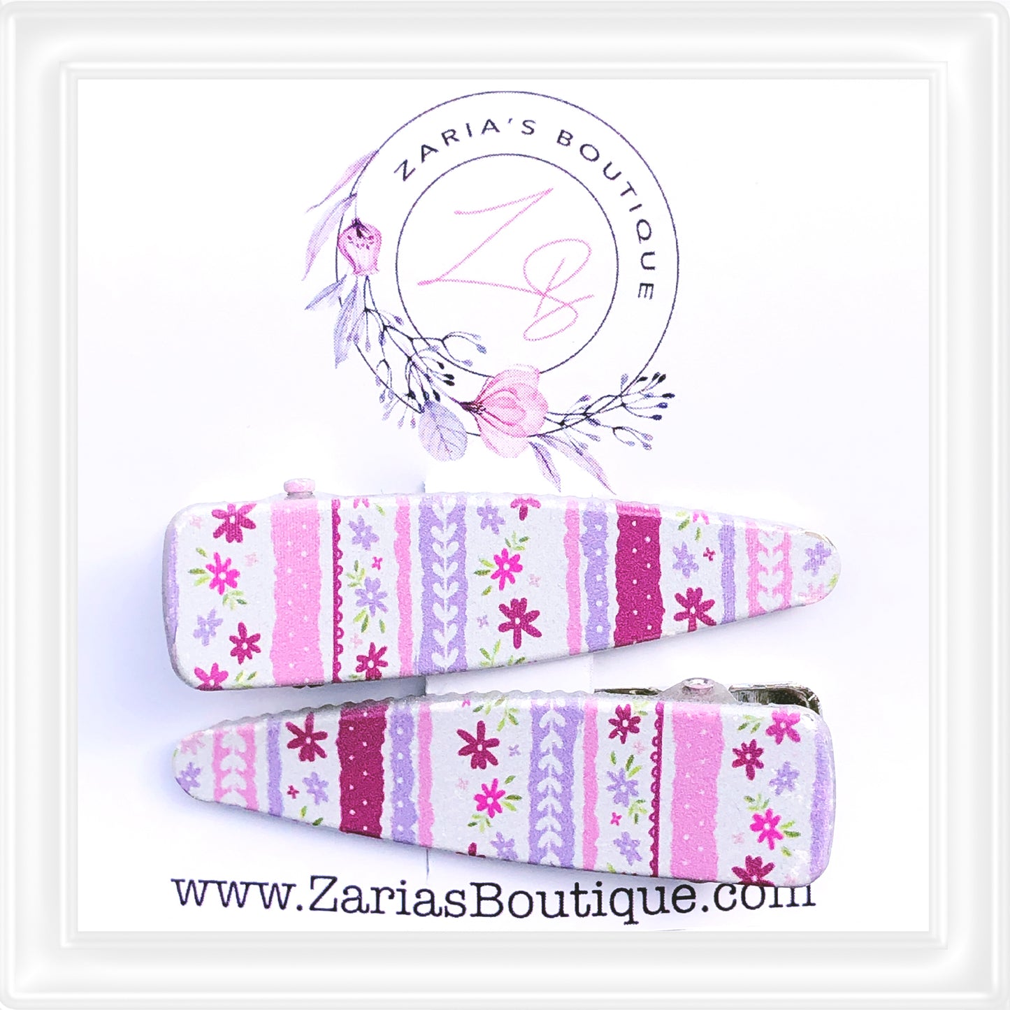 ⋅ EXCLUSIVE ⋅ Striped Floral Pink ⋅ Silver ⋅ Premium Hair Clips ⋅