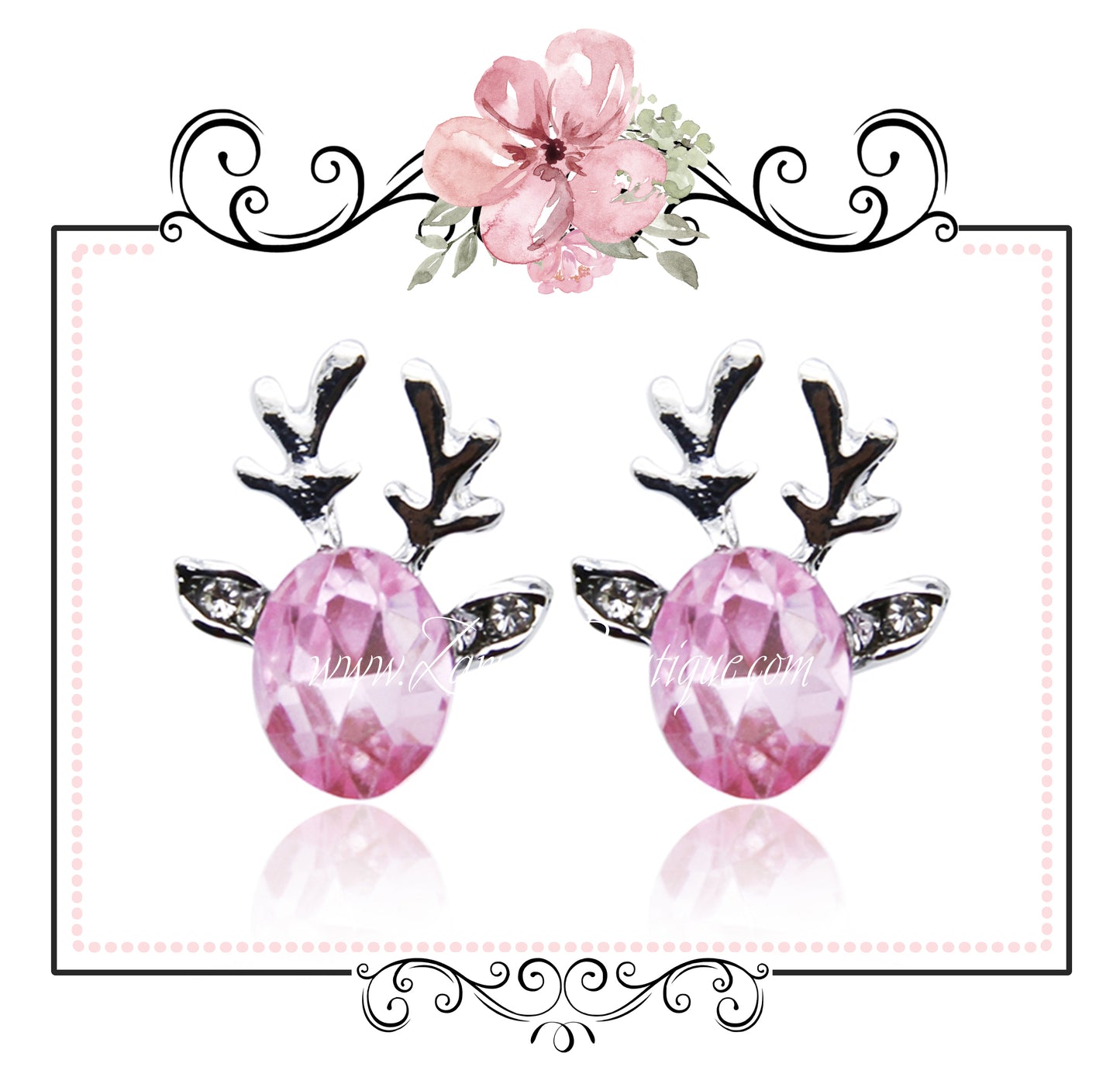 Pink Crystal Christmas Reindeer Earrings - Cut Glass Silver Alloy Pierced Stud Posts