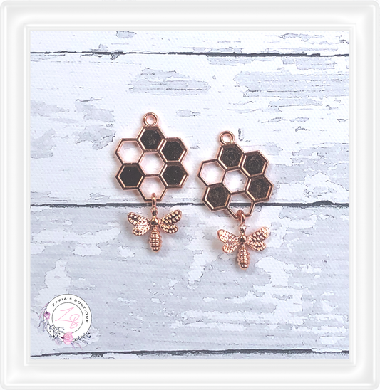 ⋅ Bee Happy ⋅ Rose Gold Metal Honeycomb Bee Earring Embellishments ⋅ 2 pieces