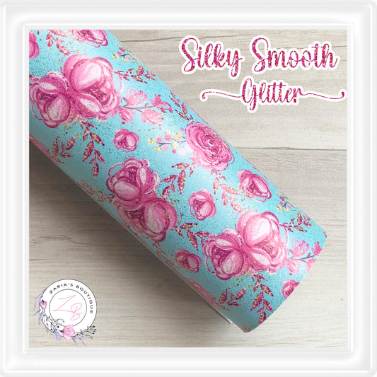 ⋅ Pink Blooms on Blue ⋅  Silky Smooth Glitter Faux Leather ⋅