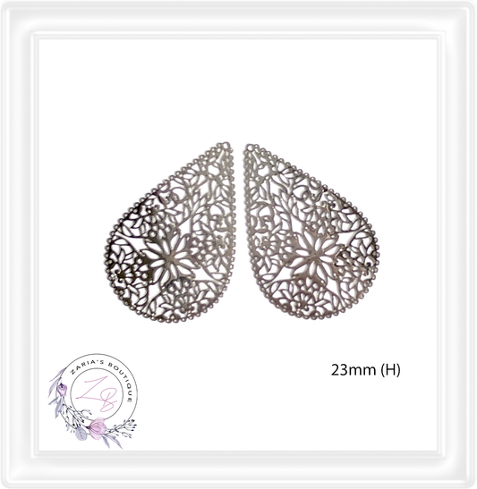 ⋅ Silver Teardrop Lace Earring Pendant Charms ⋅ Metal ⋅ 2 Pieces ⋅