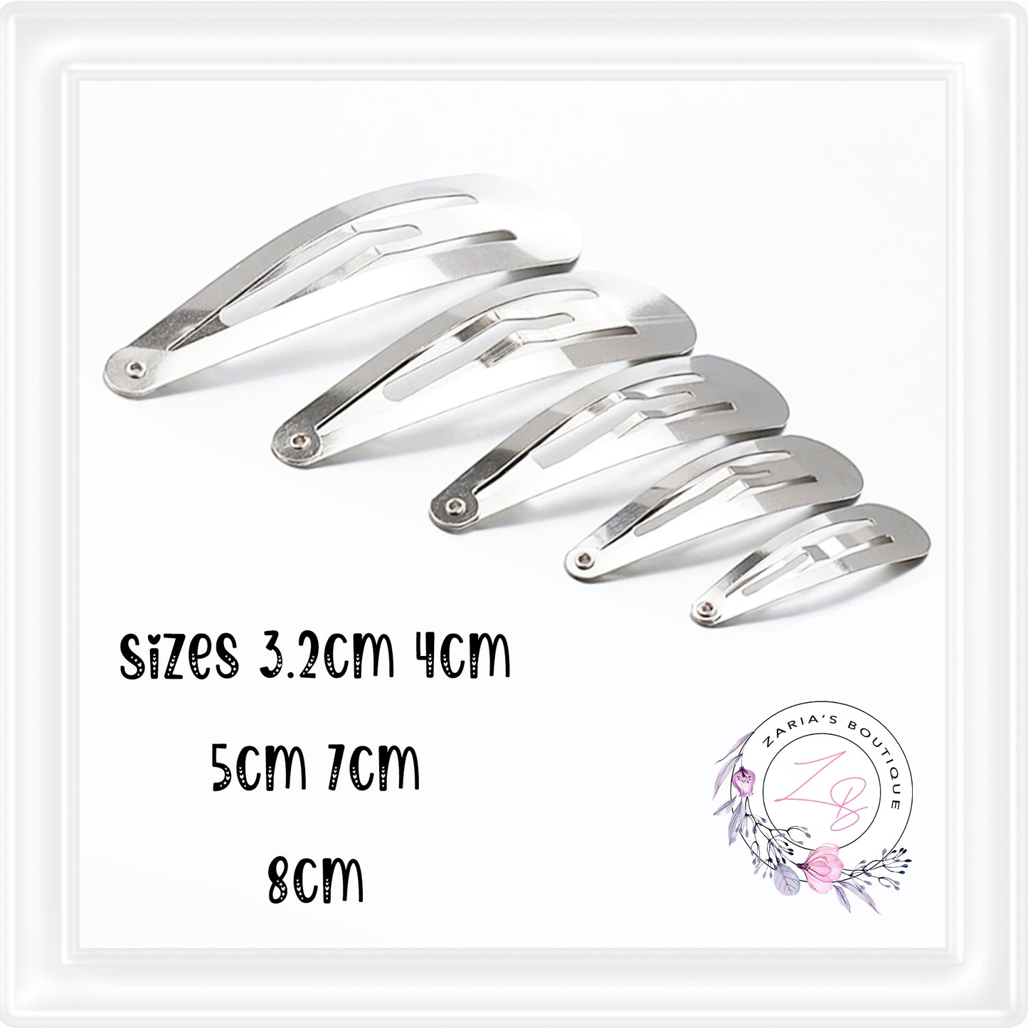 ⋅ Silver Snap Hair Clips ⋅ 3.2cm ⋅ 4cm ⋅ 5cm ⋅ 7cm ⋅ 8cm ⋅ 10, 25 or 100 Clips ⋅