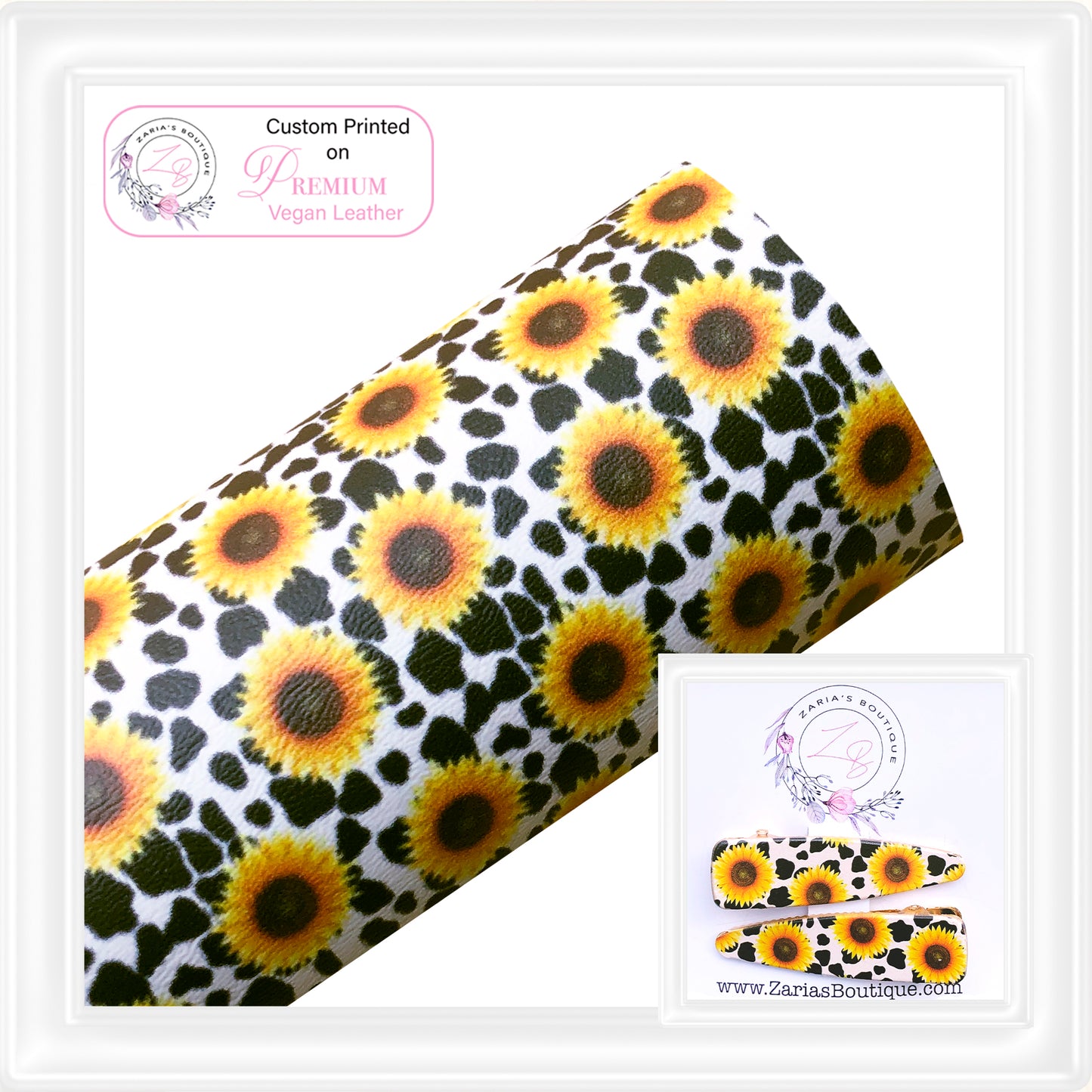 ⋅ Sunflower Cow Hide ⋅ Custom Printed Vegan Faux Leather & Hair Clips ⋅