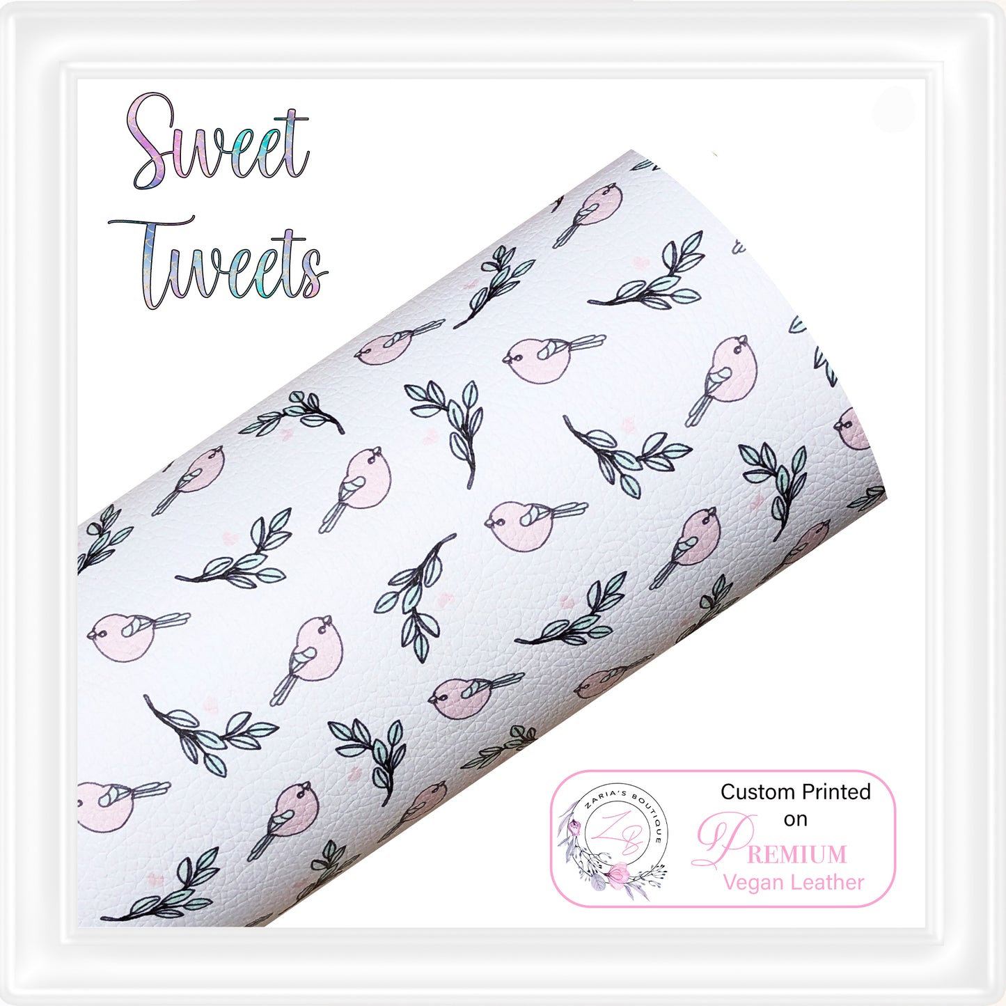⋅  Sweet Tweets  ⋅ Pink Green Bird Floral ⋅ Premium Custom Vegan Faux Leather