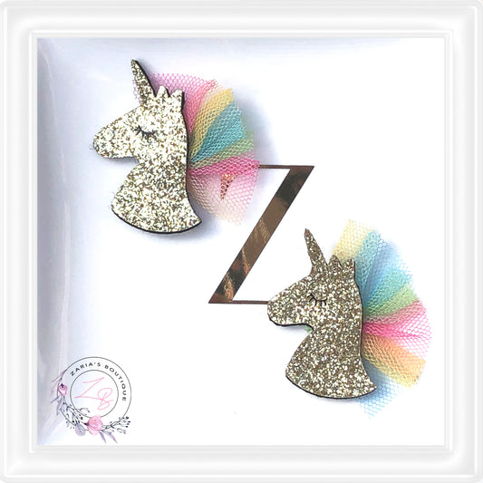 • Glitter & Tulle Unicorns • Bow & Hair Clip Embellishments • Per Pair •
