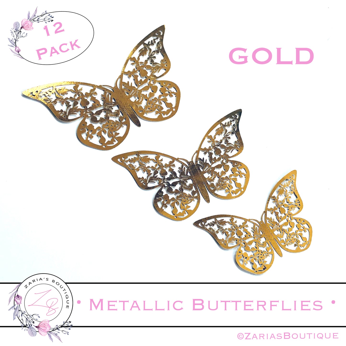 ⋅ Metallic Butterflies ⋅ Gold ⋅ 3D Bow Embellishment ⋅ Pack of 12 ⋅